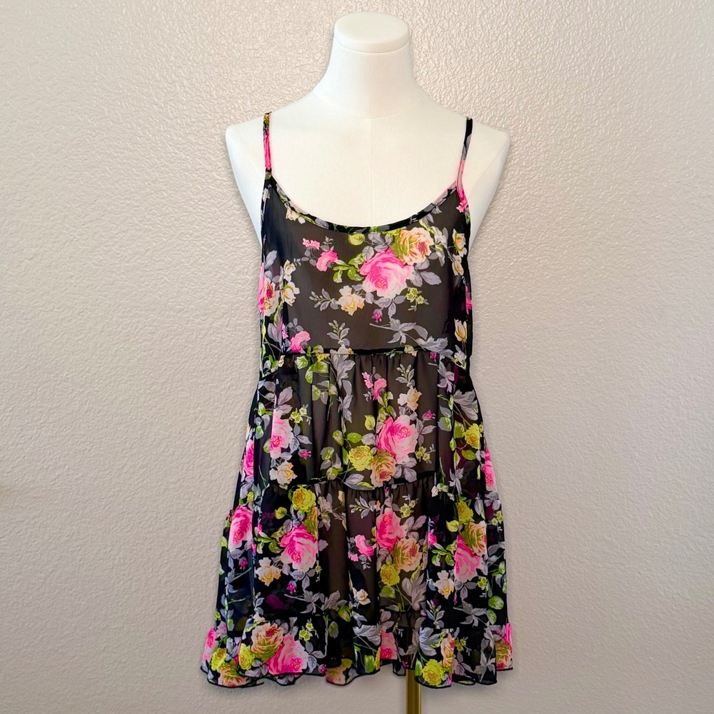 Poetry Black Pink Floral Chiffon Tiered Mini Dress Y2K Whimsigoth Fairy Grunge S - Picture 3 of 14